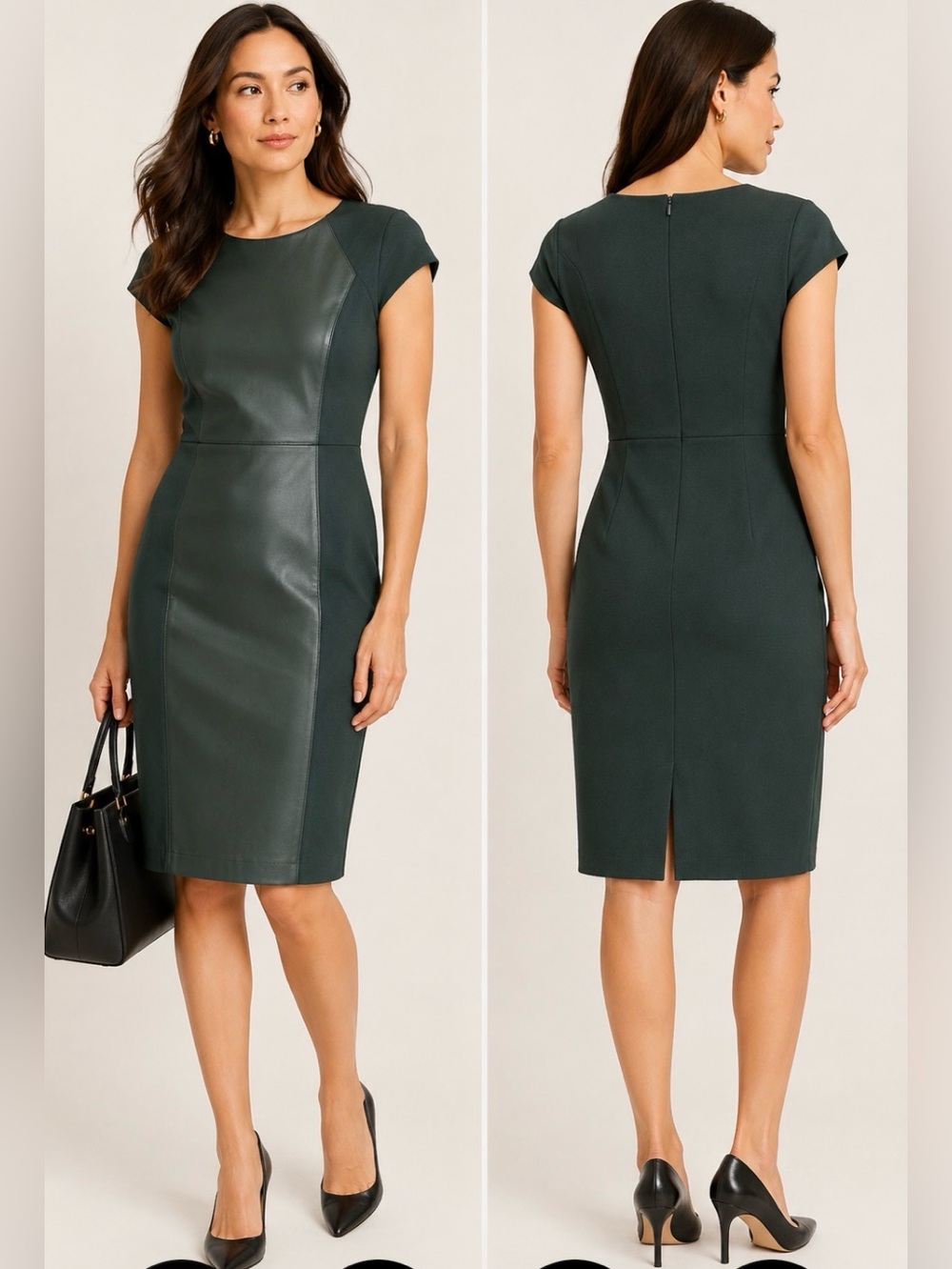 NWT Ann Taylor Faux Leather Mixed Media Sheath Dress 4P Forest Green Career